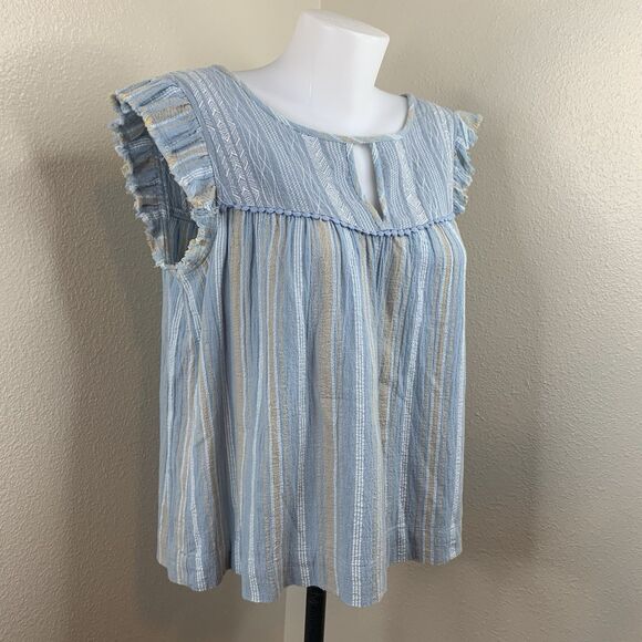 Wrap London Peasant Blue Stripe Blouse US SZ 6 Top Fringe Cap Sleeve Tie Back - Picture 1 of 6